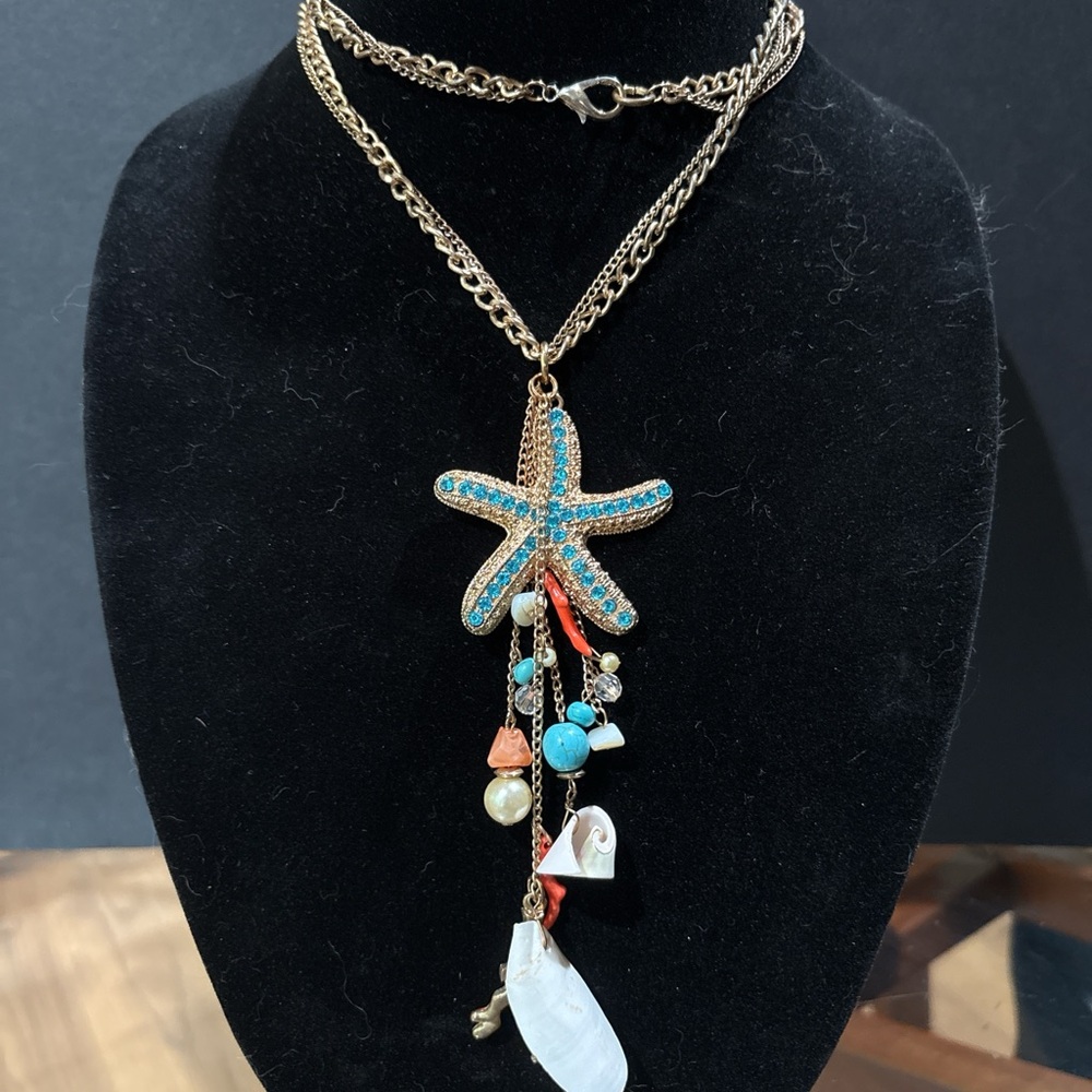 Gold Starfish Pendant Necklace with Blue Accents